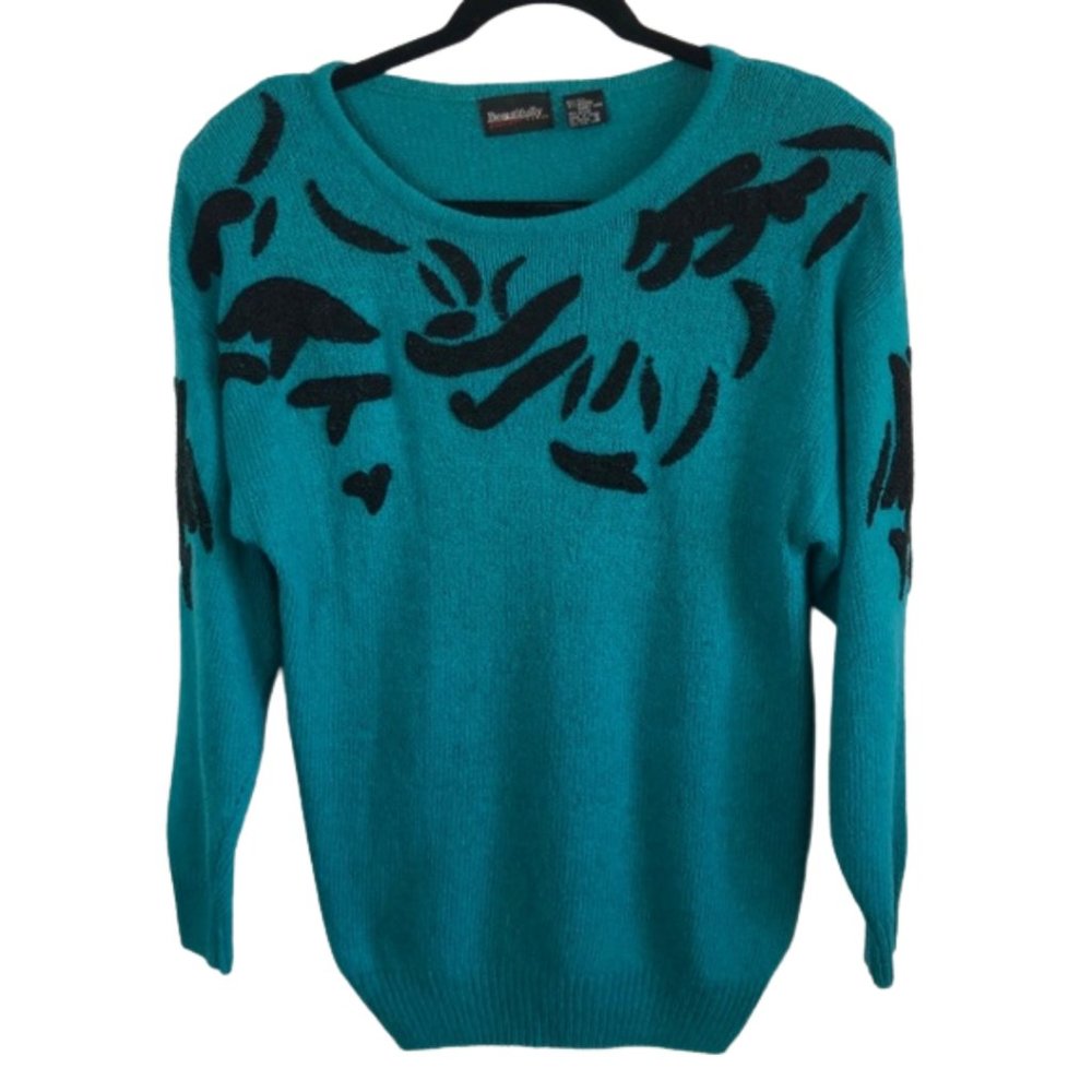 Vintage Teal Silk and Angora Beaded Sweater